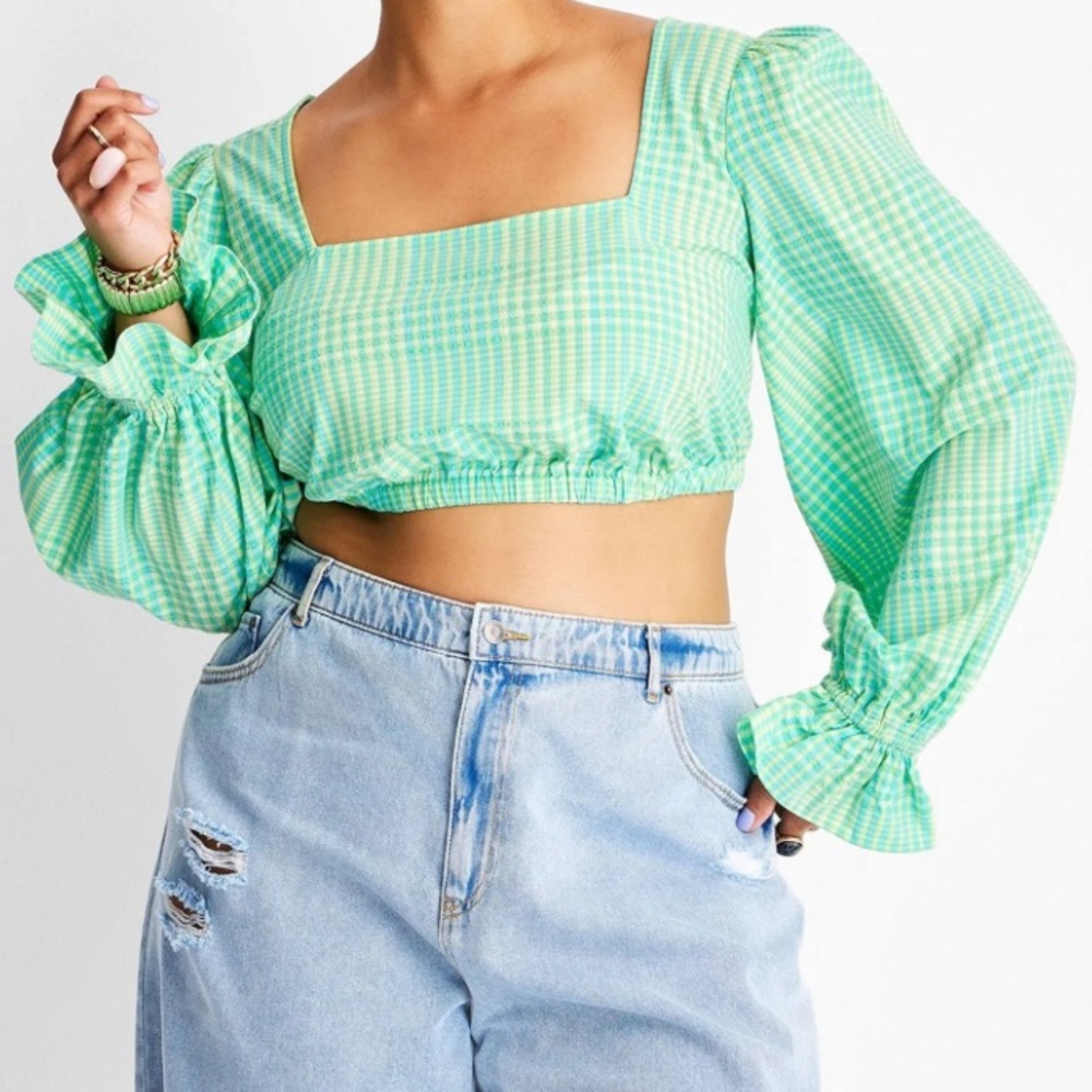 Future Collective Alani Noelle Green Gingham Long Puff Sleeve Crop Top - Picture 2 of 8